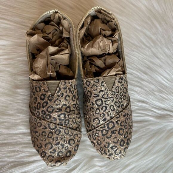 TOMS LEOPARD CHEETAH GLITTER GOLD BALLET FLAT SLIP On Shoes 4 - Picture 2 of 13